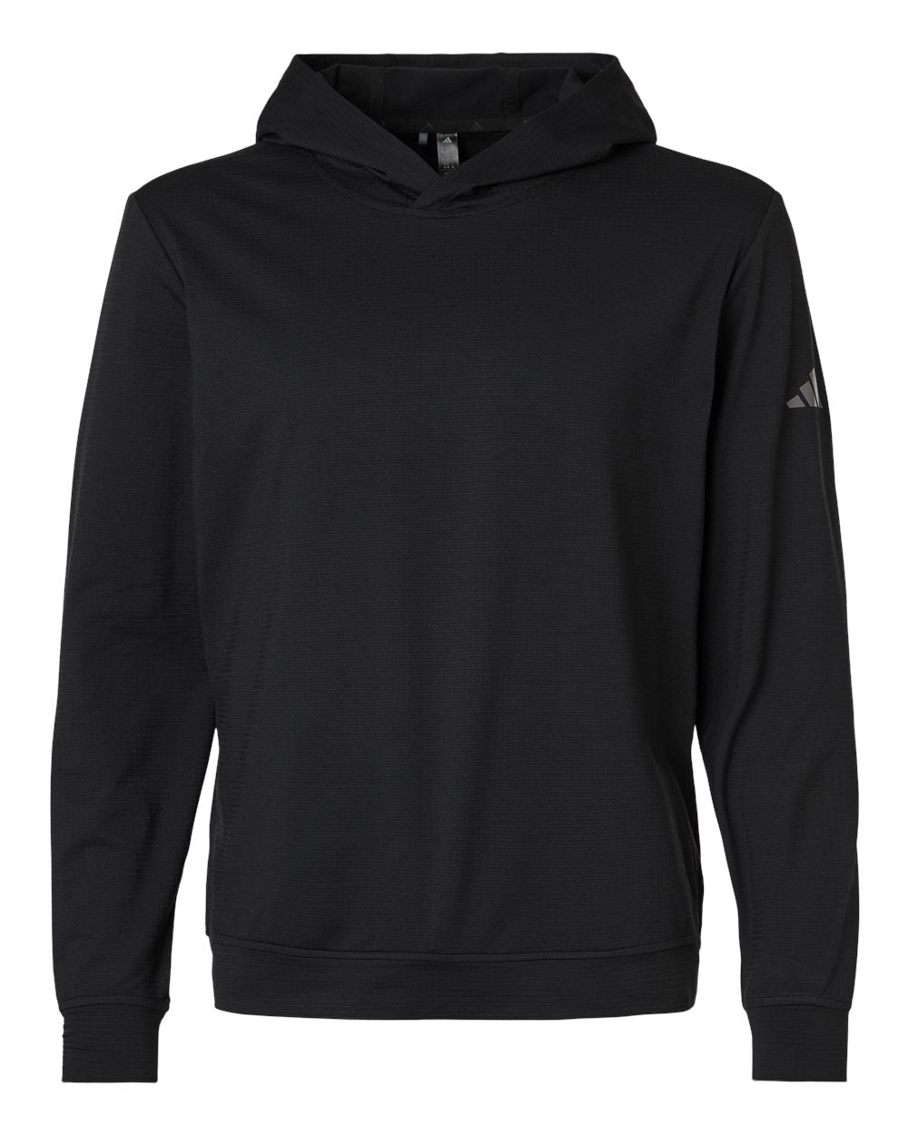 Adidas A2009 Ultimate Elevated Hoodie in recycled moisture-wicking fleece, shown in a modern athletic fit with hidden pockets and right-sleeve adidas logo. Ideal blank for custom printing.