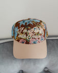 Front view of the floral snapback hat featuring I’m Sticking With Jesus lettering and a contrasting pink brim