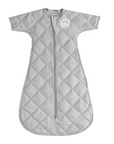 Gray quilted baby sleeping bag with a zipper on a white background