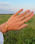 Devotion cross and fish ring worn with other gold-tone jewelry against a grassy field