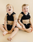 Black Tan Terry Cargo Shorts Set Kids Outfit