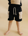 Black Tan Terry Cargo Shorts Set Kids Outfit