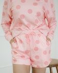 Close-up of Kaylee pink polka dot shorts with drawstring waist