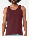 Male model wearing a maroon Bella + Canvas 3480 Unisex Jersey Tank on a white background — lightweight cotton blend tank ideal for custom printing by Lumiere Vive.