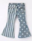 Flared jeans with star pattern and striped design on a white background