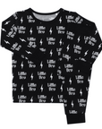 Black long-sleeve shirt with 'Little Bro' text and lightning bolt patterns on a white background