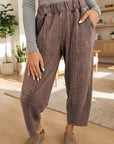 Lola brown mineral-wash barrel pants with elastic waistband and seam detailing