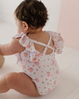 Girl's Ruffle Sleeve Cross Back Swimsuit
