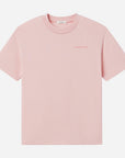Pink t-shirt with a brand logo on a white background
