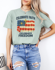 Celebrate Faith, Celebrate Freedom – Women’s Christian USA Flag T-Shirt