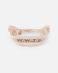 Taupe WWJD woven bracelet with embroidered lettering, an adjustable braided tie, and a gold-tone EF charm