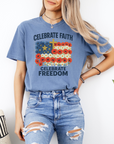 Celebrate Faith, Celebrate Freedom – Women’s Christian USA Flag T-Shirt