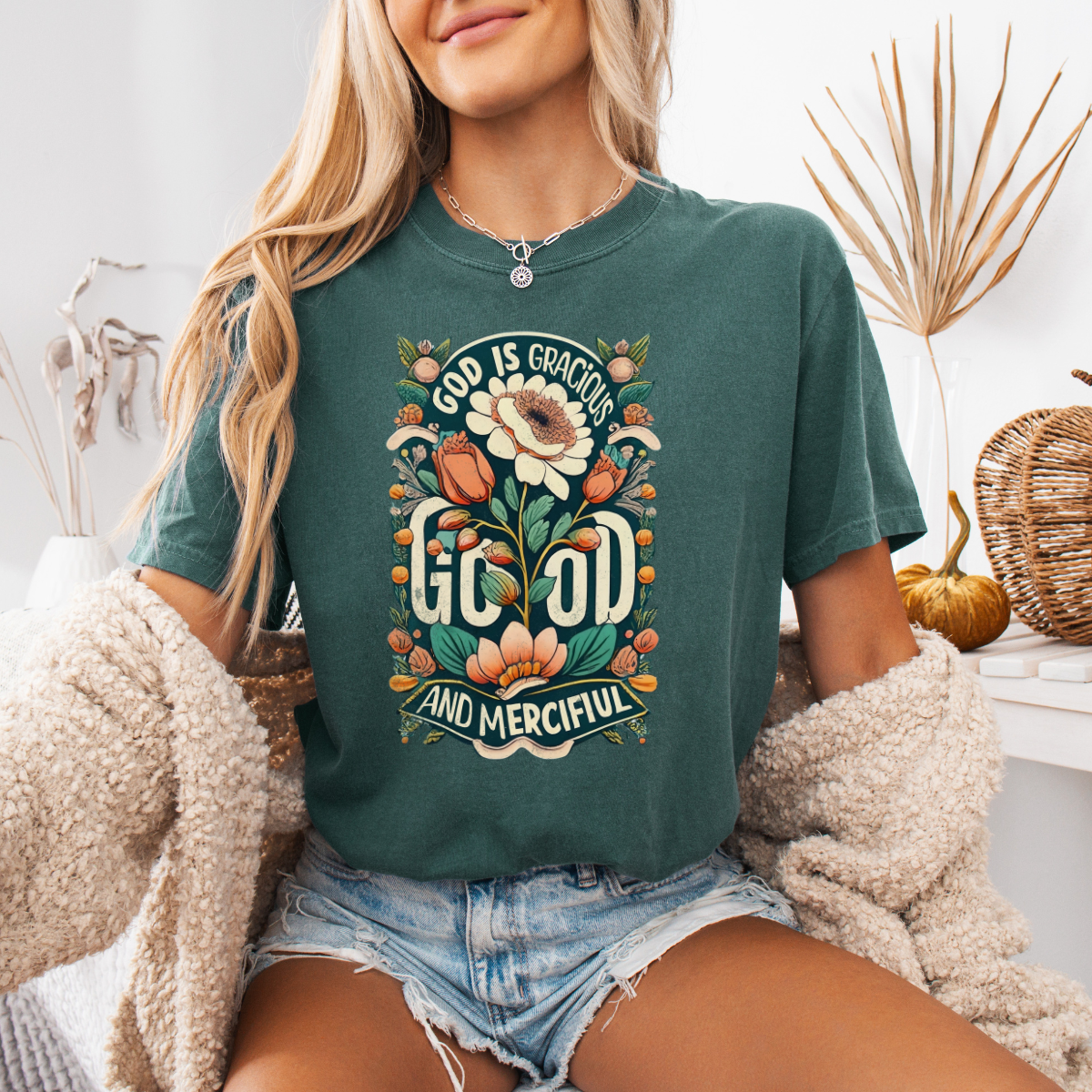 God is Gracious, Good, and Merciful – Floral Christian Tee for Women