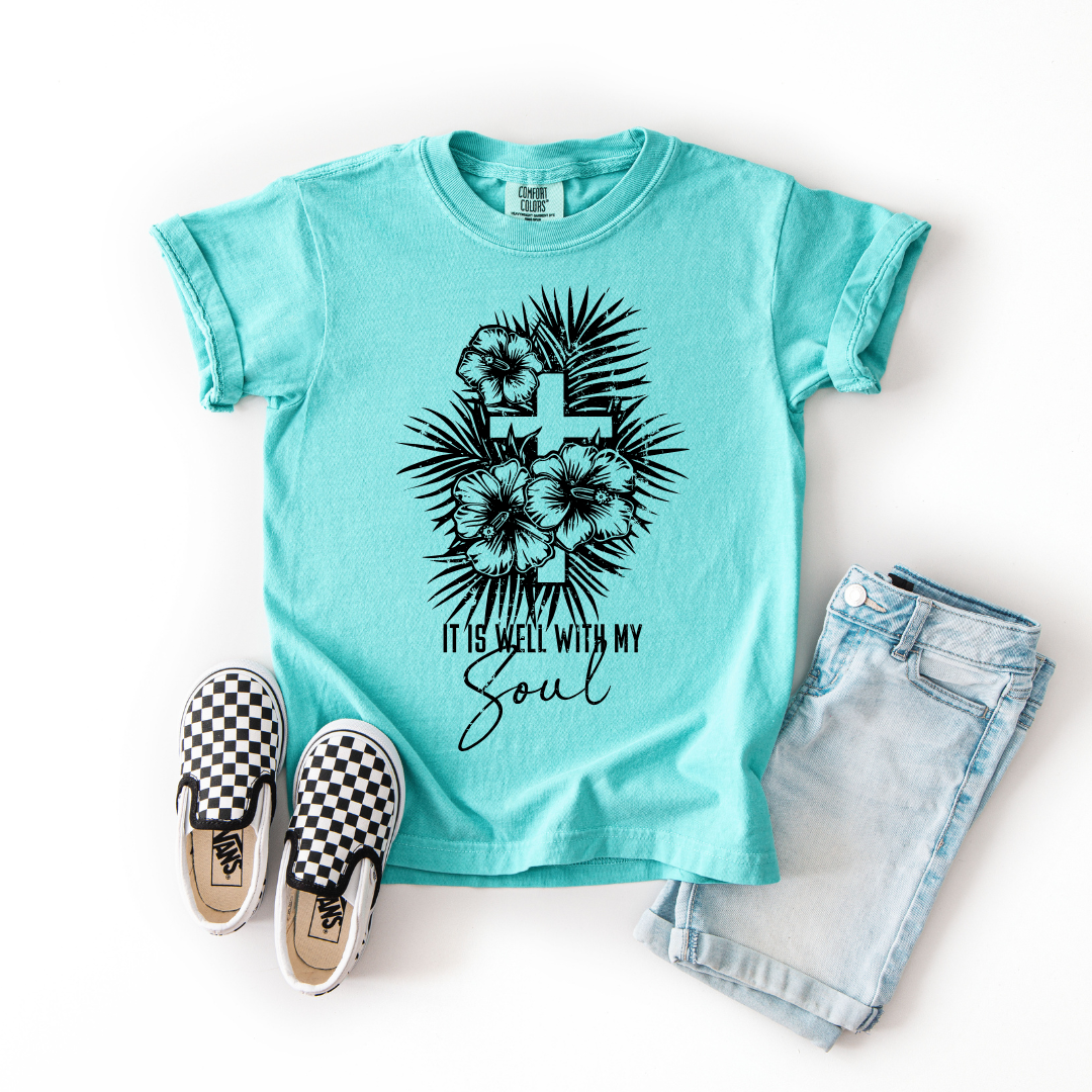 It Is Well With My Soul – Youth Christian Floral Cross T-Shirt