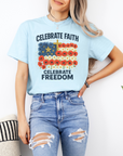 Celebrate Faith, Celebrate Freedom – Women’s Christian USA Flag T-Shirt
