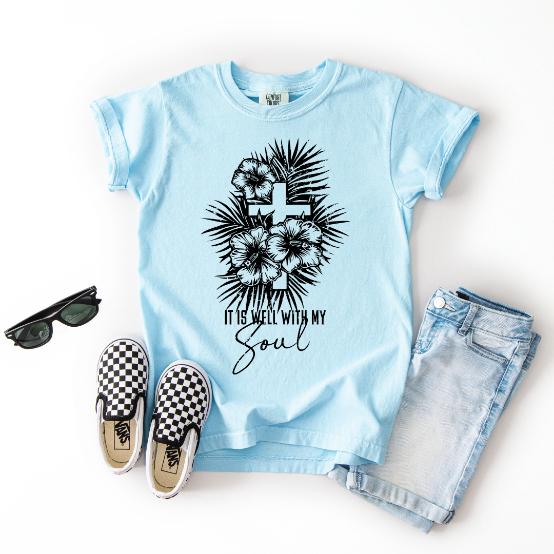 It Is Well With My Soul – Youth Christian Floral Cross T-Shirt