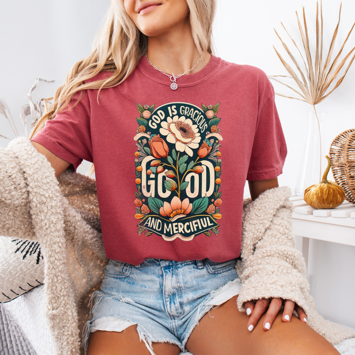 God is Gracious, Good, and Merciful – Floral Christian Tee for Women