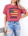 Celebrate Faith, Celebrate Freedom – Women’s Christian USA Flag T-Shirt