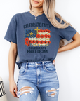 Celebrate Faith, Celebrate Freedom – Women’s Christian USA Flag T-Shirt