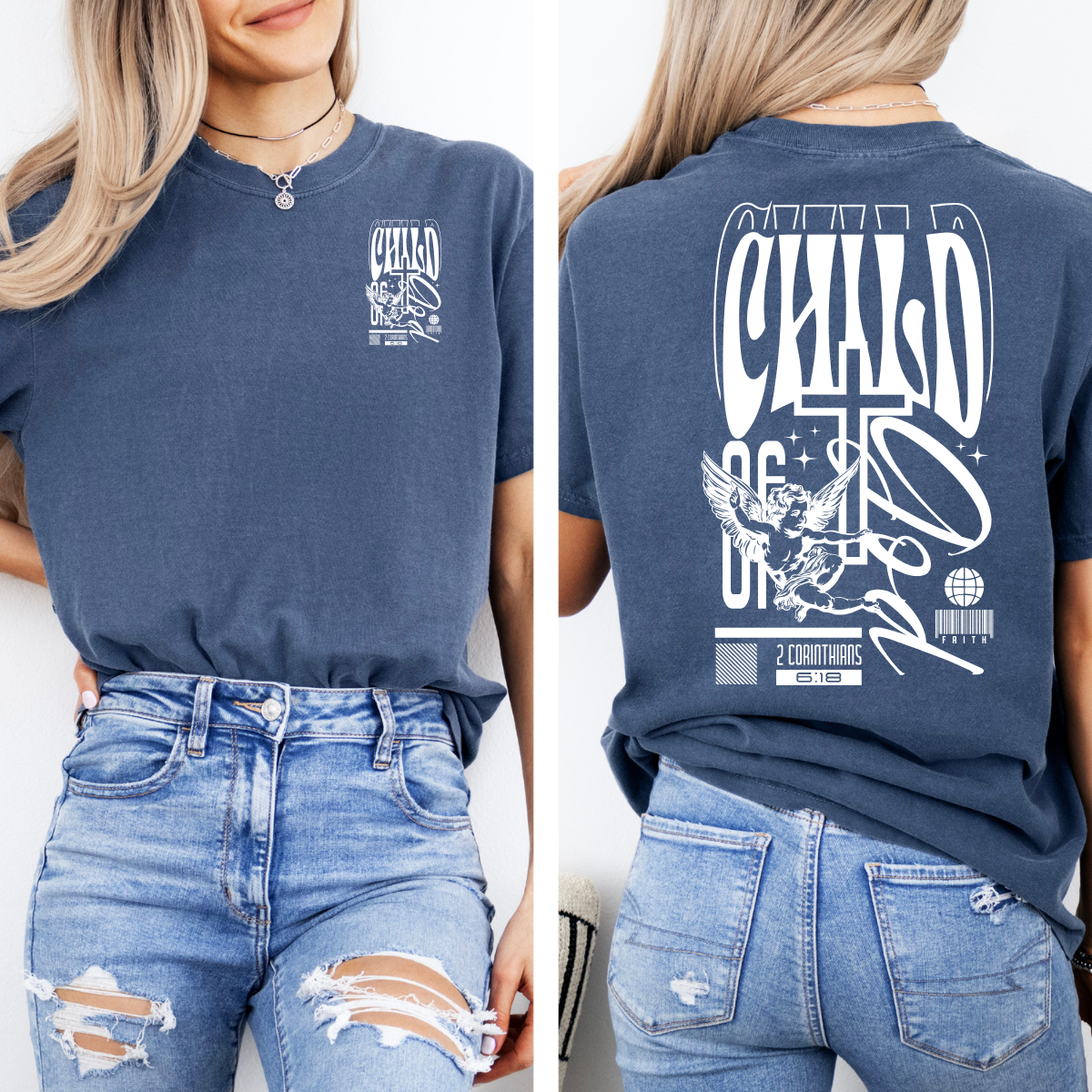 Child of God – Women’s Christian T-Shirt with Angel Design (2 Corinthians 6:18)