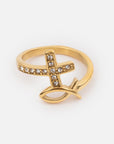 Gold-tone Devotion Ring featuring a clear stone cross and polished Christian fish symbol