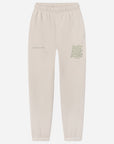 Beige sweatpants with text on a white background