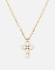 Eternal Light Cross Necklace with gold-tone paperclip chain and white-detailed cross pendant