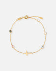 Everlight gold-tone link bracelet with a sideways cross, four colored gemstone accents, and an adjustable chain