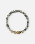 Faith Hope Love stone bracelet with marbled gray beads and gold-tone accents on a white background