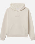 Beige hoodie with text on a white background