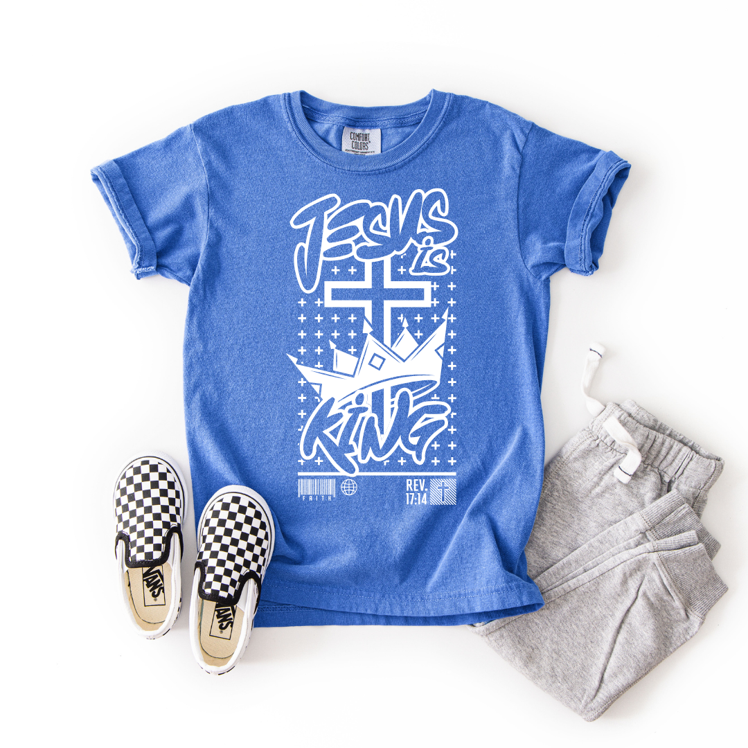 Jesus Is King – Youth Christian T-Shirt with Crown & Cross