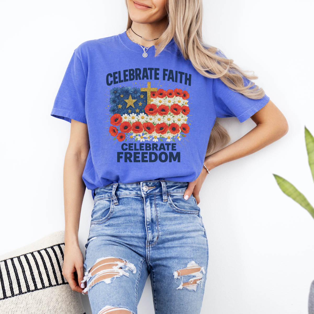 Celebrate Faith, Celebrate Freedom – Women’s Christian USA Flag T-Shirt