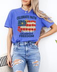 Celebrate Faith, Celebrate Freedom – Women’s Christian USA Flag T-Shirt