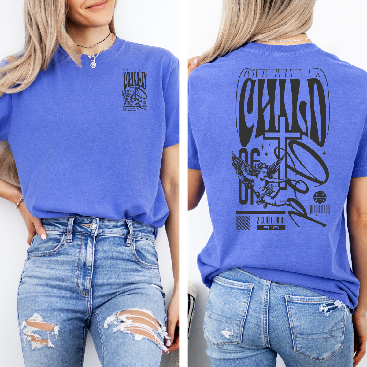 Child of God – Women’s Christian T-Shirt with Angel Design (2 Corinthians 6:18)