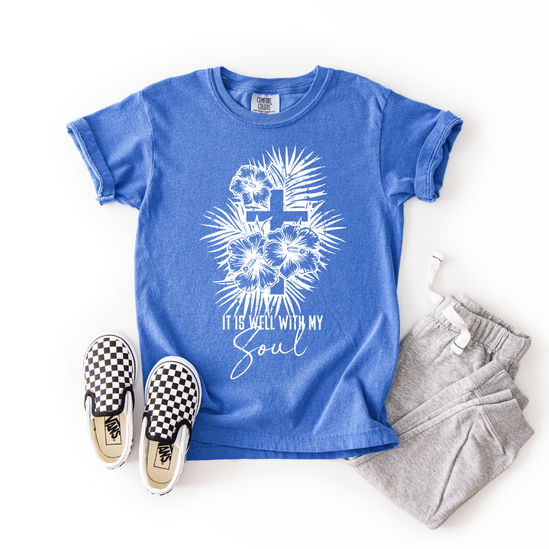 It Is Well With My Soul – Youth Christian Floral Cross T-Shirt