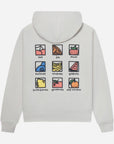 Light gray hoodie with colorful graphic designs on the back against a white background