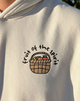 Light gray hoodie with 'fruit of the spirit' design on the chest.