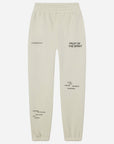 Beige sweatpants with text on a white background