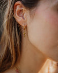 Side view of a model wearing a gold-plated hoop earring with a delicate dangling cross