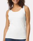 Female model wearing a white Gildan G642L Softstyle Fitted Tank on a light background — lightweight ringspun cotton tank ideal for custom printing by Lumiere Vive.