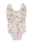 Girl's Ruffle Sleeve Cross Back Swimsuit