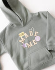 Millstone Grey God Made Me Kids Hoodie laid flat showing the front design and kangaroo pocket