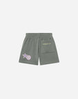 Back view of Millstone Grey God Made Me kids shorts showing pastel graphics and back pocket