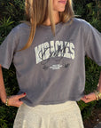 Close-up of God of Miracles graphic and embroidery on Grey Mist cropped tee