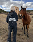 Person wearing the black God of Miracles Hoodie and a cowboy hat beside two horses outdoors.