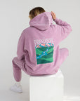 Studio back view of the Bordeaux God’s Promises Hoodie showing the landscape print and contrast stitching.