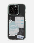 Phone case with text and graphics on a white background