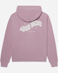 Pink hoodie with 'Good News' text on the back against a white background