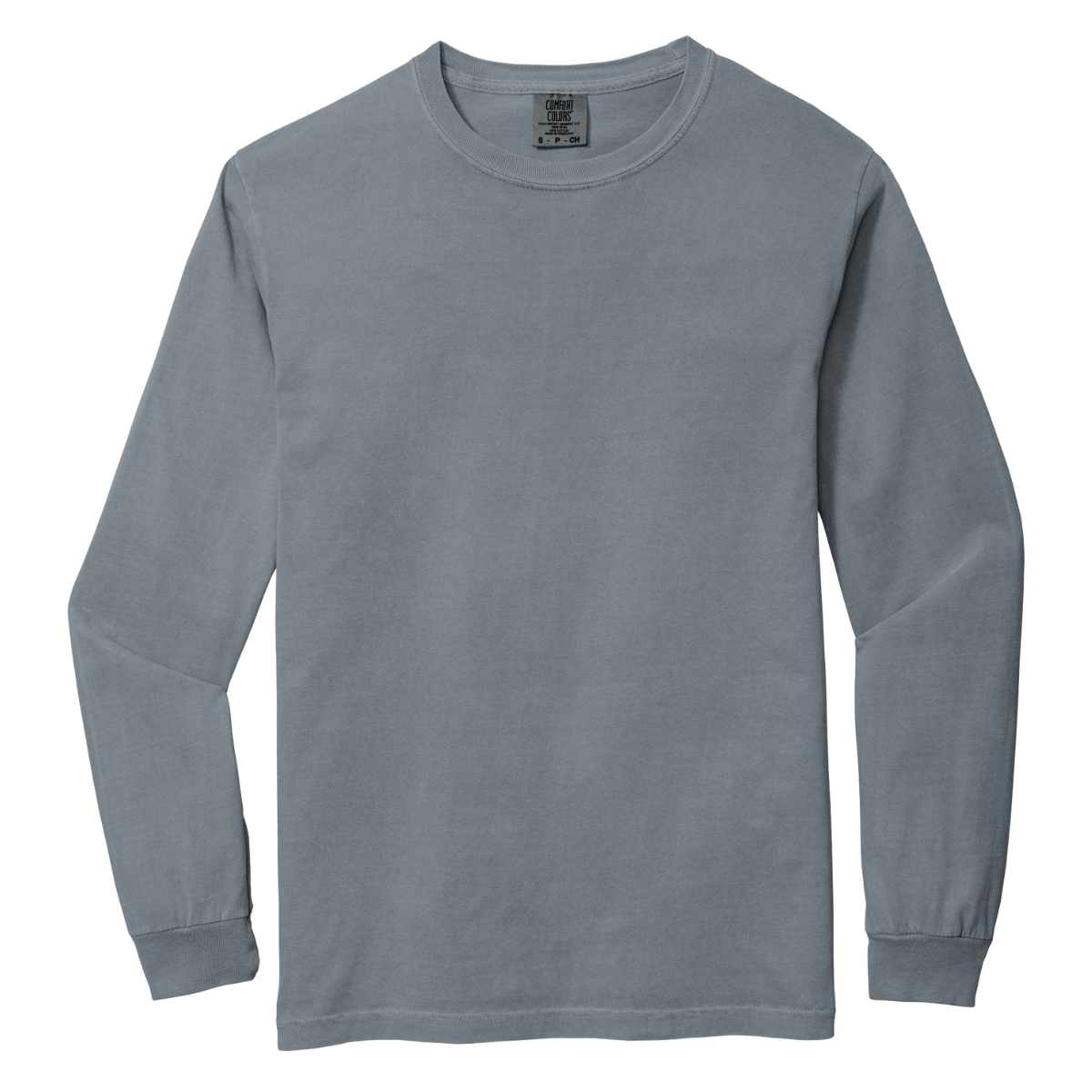 Comfort Colors C6014 Adult Heavyweight Long-Sleeve T-Shirt with garment-dyed cotton and relaxed fit. Shown with ribbed cuffs and ideal for custom DTG or DTF printing.