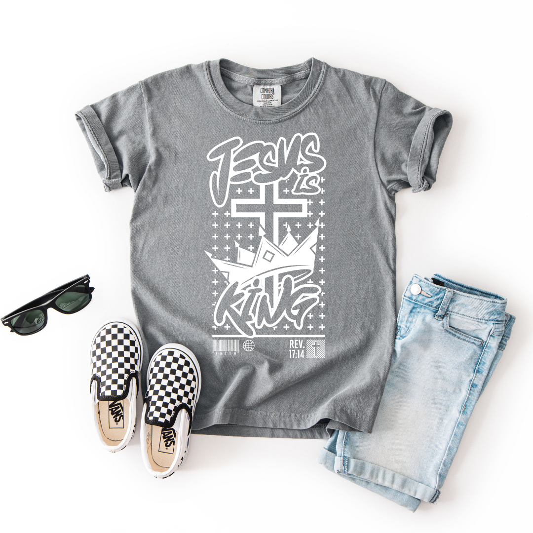 Jesus Is King – Youth Christian T-Shirt with Crown & Cross